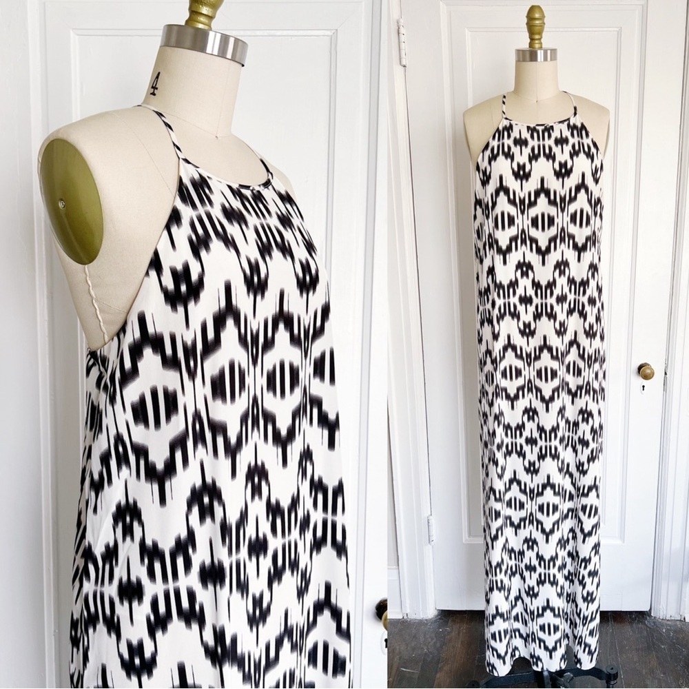 Marie France Van Damme • silk halter maxi dress cream black silk ikat print